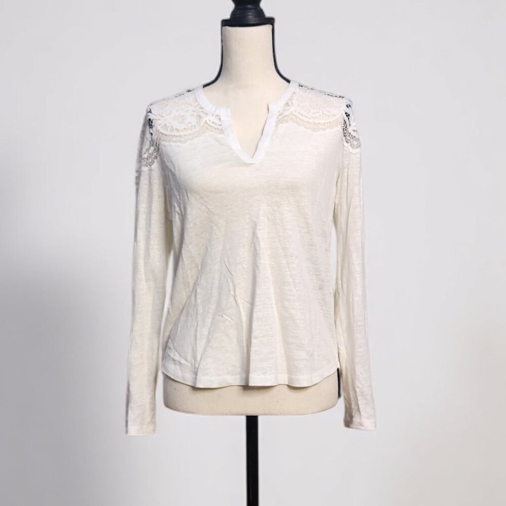 Sandro Women's Long Sleeve Lace Trim Tee - Cream